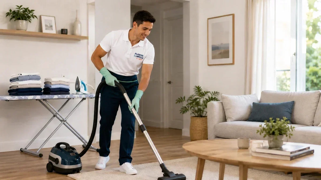 Profesional combinando tareas de limpieza y planchado en una vivienda.