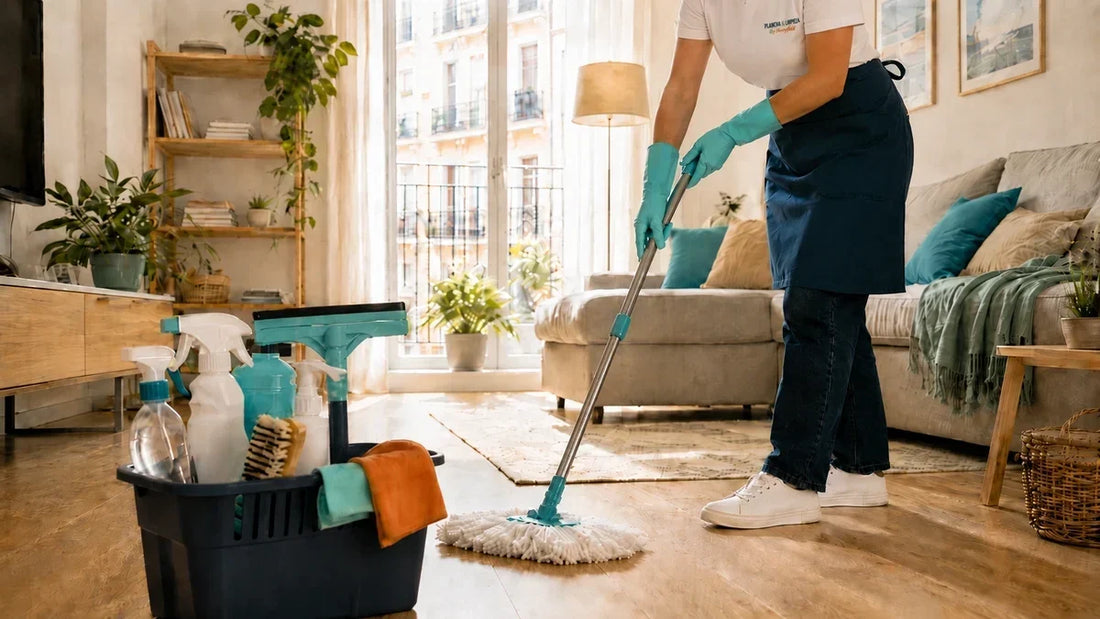 Profesional de Plancha & Limpieza fregando el suelo durante un servicio de limpieza profunda de casa por horas.