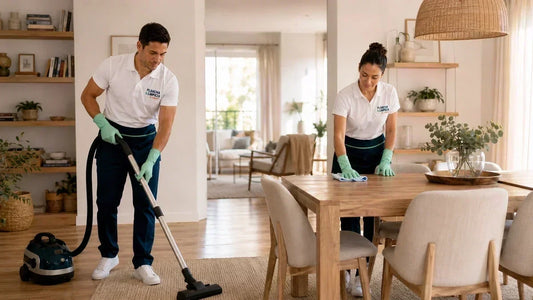 Equipo profesional realizando una limpieza por horas en una vivienda