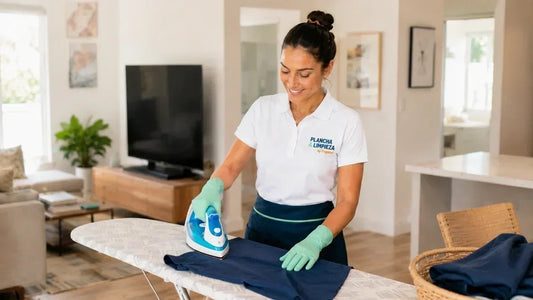 Profesional planchando ropa en una vivienda durante un servicio de planchado a domicilio
