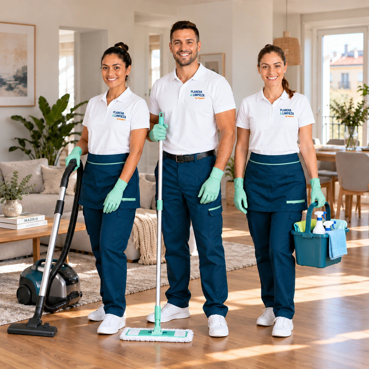 Equipo profesional de Plancha & Limpieza preparado para realizar un servicio de limpieza y plancha a domicilio en Madrid.